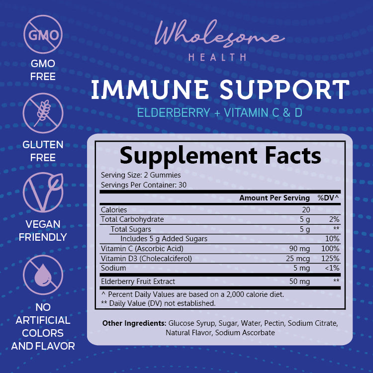 Immune Support - Elderberry + Vitamin C & D 60ct Gummies