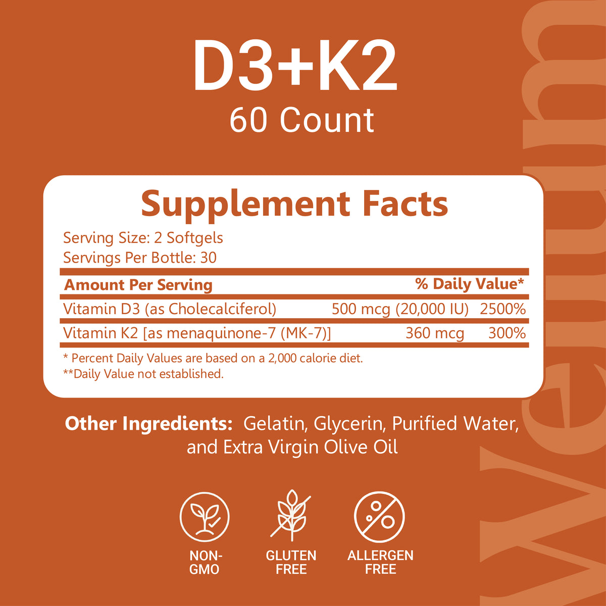 vitamin d3 + k2 supplement facts