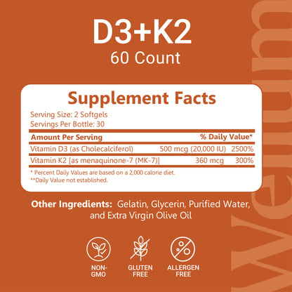 vitamin d3 + k2 supplement facts