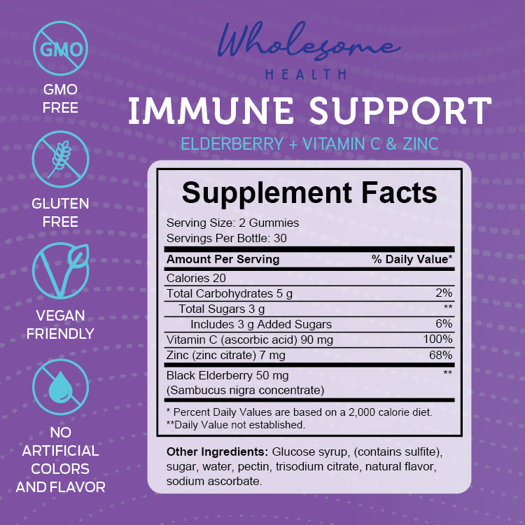 Immune Support - Elderberry + Vitamin C + Zinc 60ct Gummies