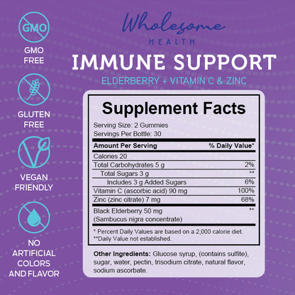 Immune Support - Elderberry + Vitamin C + Zinc 60ct Gummies